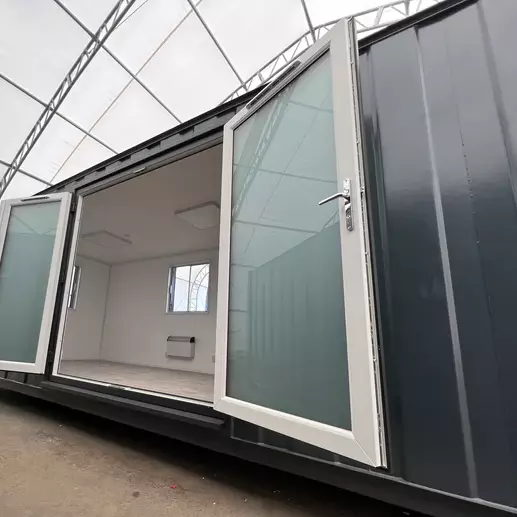 24x9ft Open Plan Office Cabin with Anthracite Grey French Doors for Sale